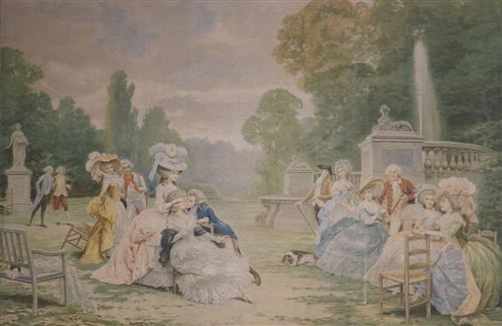 A machined tapestry panel depicting ladies and gallants in a garden, 79 x 113cm